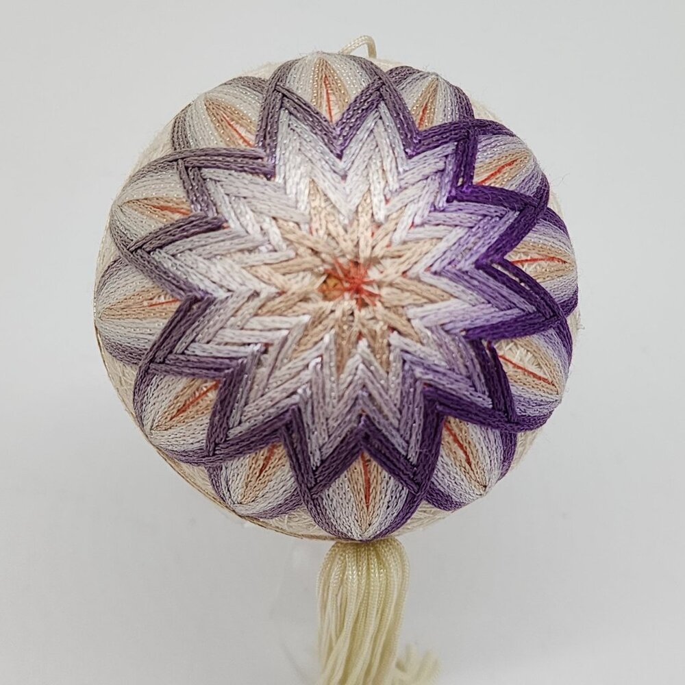 Handmade Japanese Temari Embroidered Ball Ornament Geometric Pattern Purple